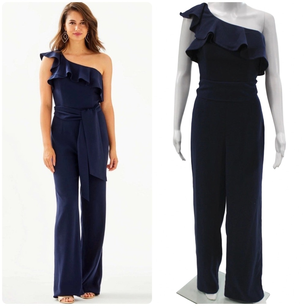 NEW Lilly Pulitzer Lyra Jumpsuit True Navy One Shoulder Ruffle Wide Leg Sz 0